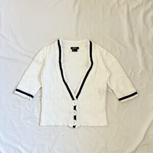 white 3/4 sleeve button up contrast trim cardigan